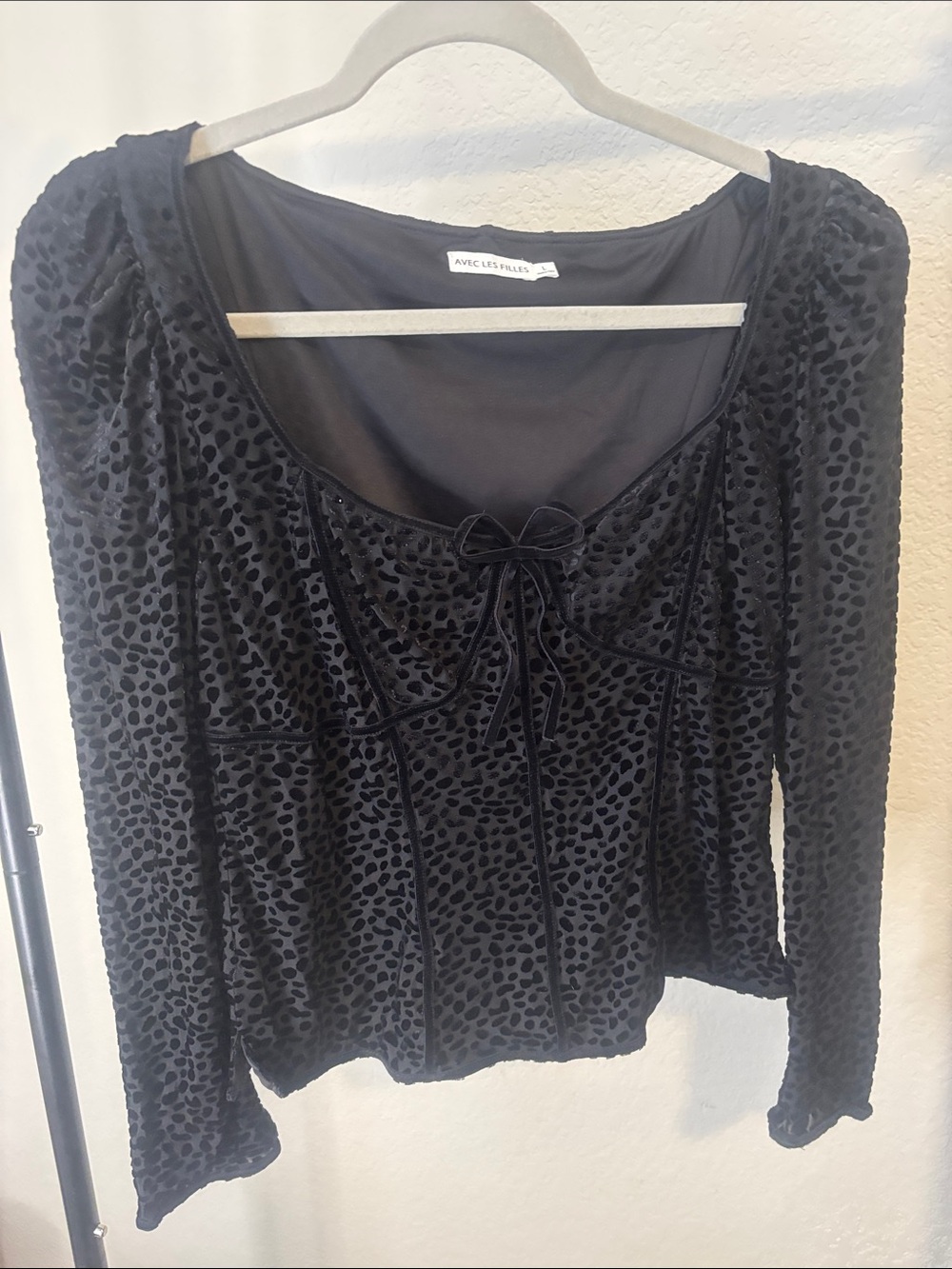 Avec Les Filles Black Velvet Burnout Tie-Front Long Sleeve Top with Square Neck